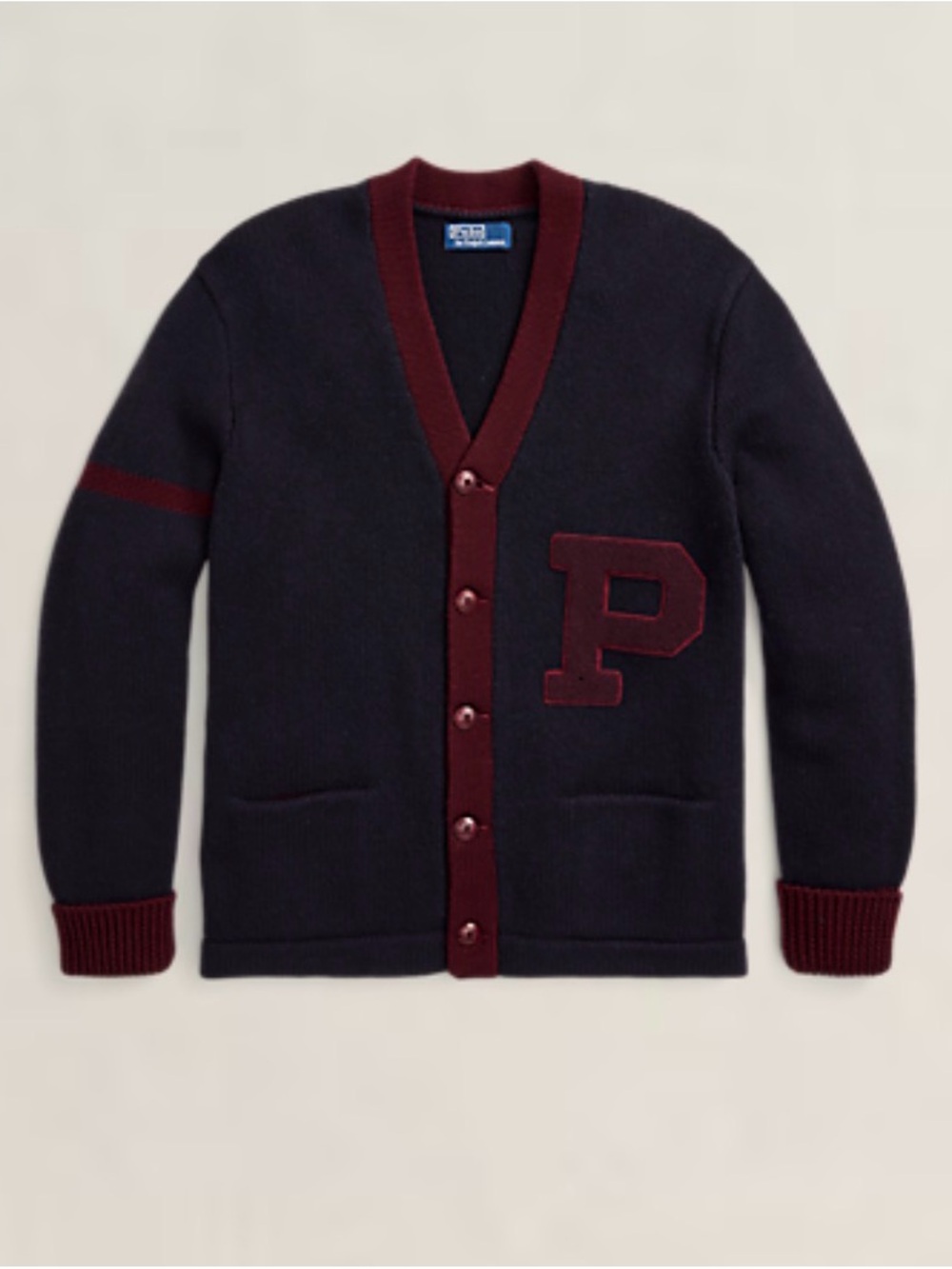 Polo by Ralph Lauren Navy Cardigan with Burgundy Trim and 'P' Patch